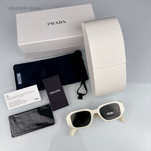 Prada Women Sunglasses Ivory White Dark Gray Rectangle PR17WS 1425S0 NEW - Picture 7 of 17